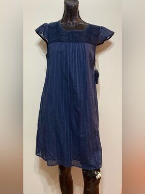 Short Navy Flutter Sleeve Crochet Yoke Dress. Item#TSd20
